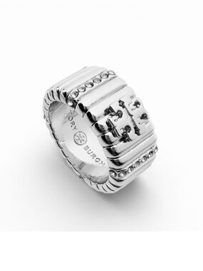 Tory Burch Pave Textured Logo Band Ring Silver 7